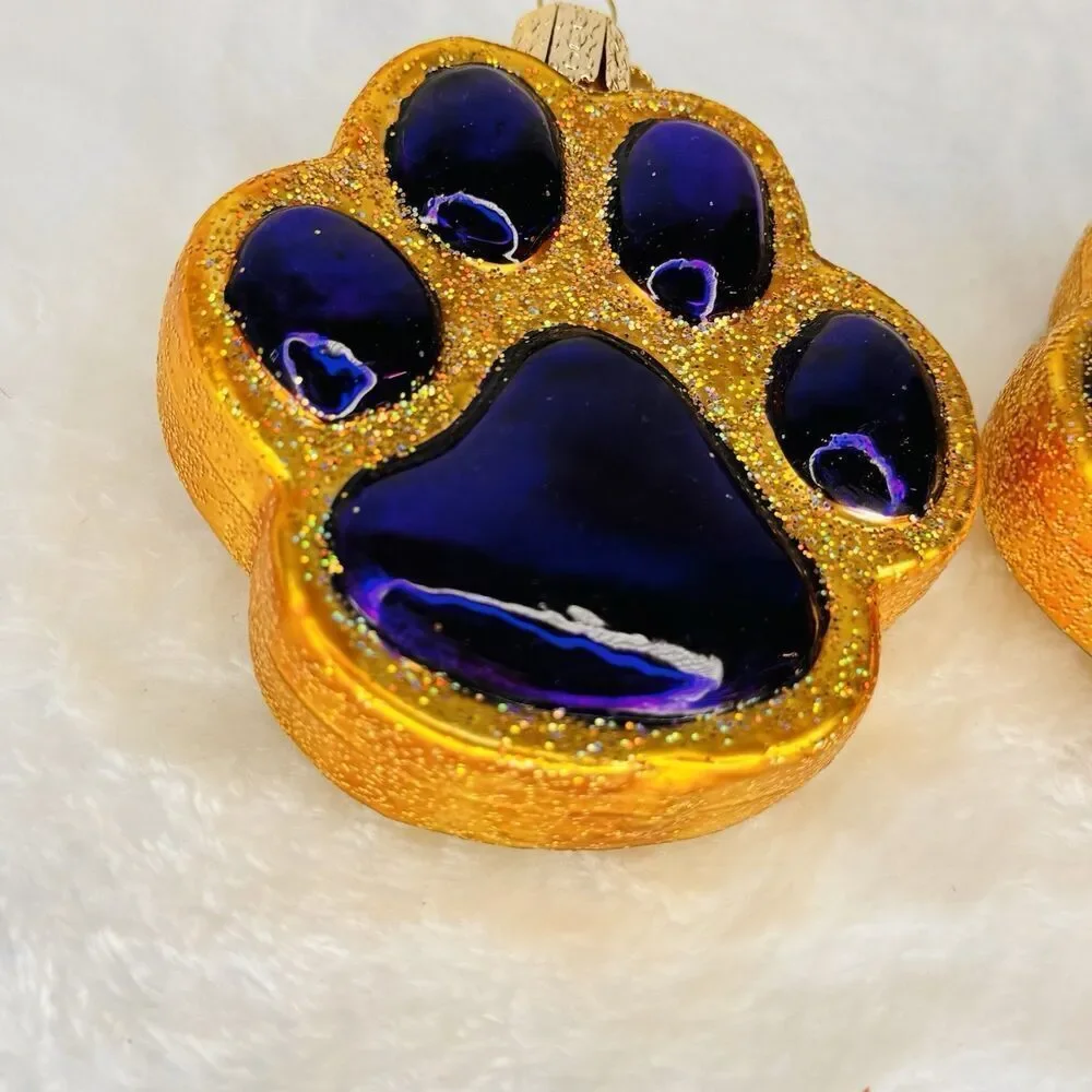2 Old World Christmas Ornament Paw Print Purple Gold